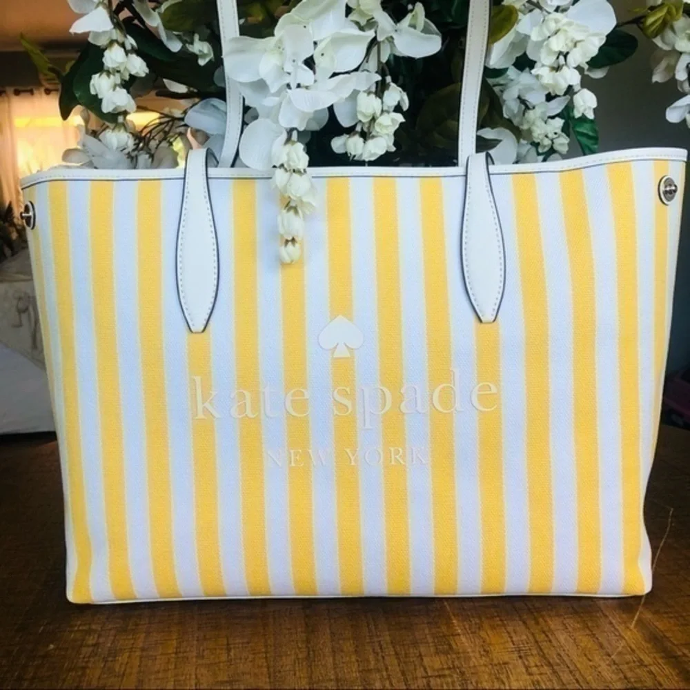 Kate Spade Yellow Stripe Canvas Tote Bag Leather Trim Large Shopper NWT
